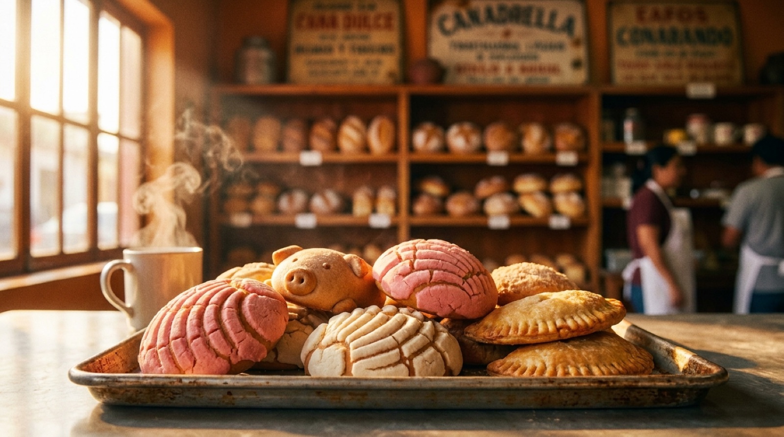 Trays of fresh pan dulce and conchas in a warm Mexican bakery