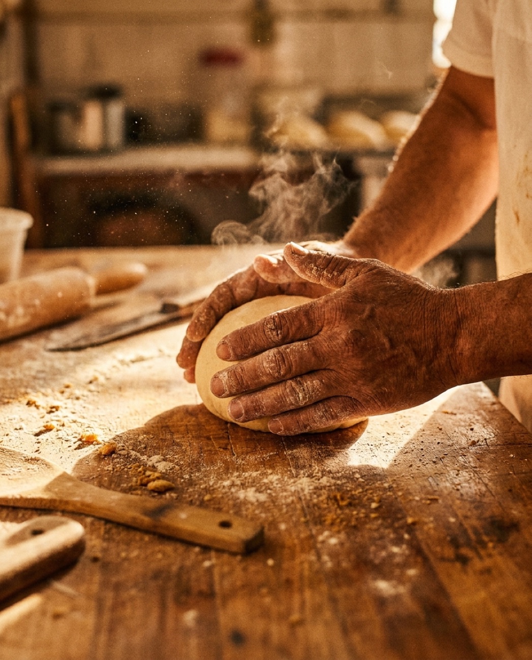 A baker's flour-dusted hands shaping dough