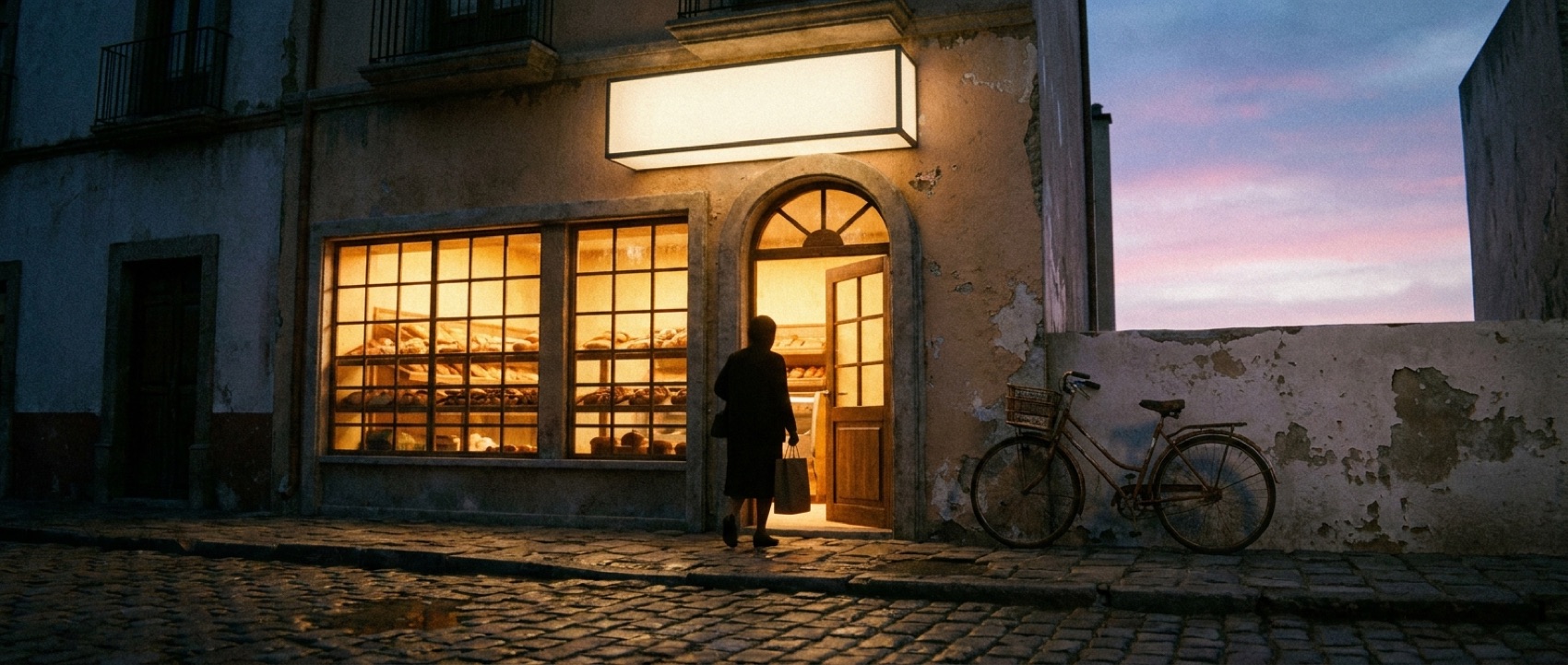 A Mexican panaderia glowing warm against a dawn sky